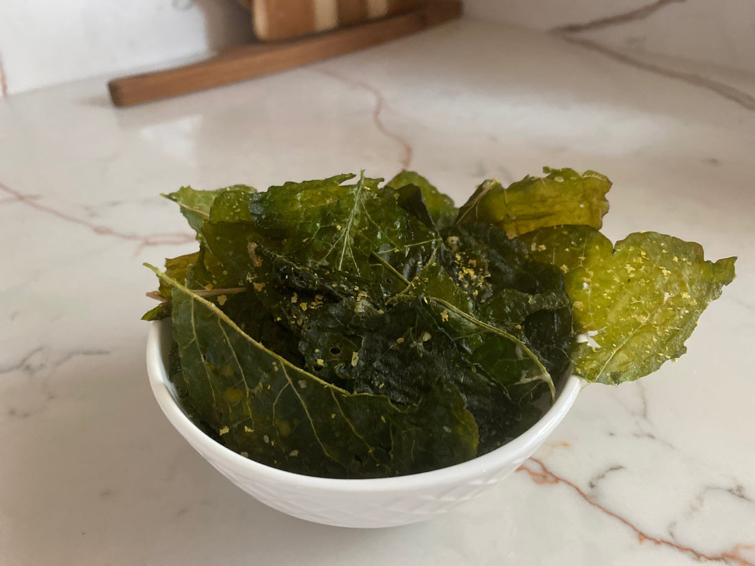 Crispy baked radish top chips with nutritional yeast