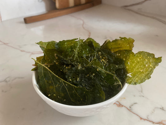 Crispy baked radish top chips with nutritional yeast