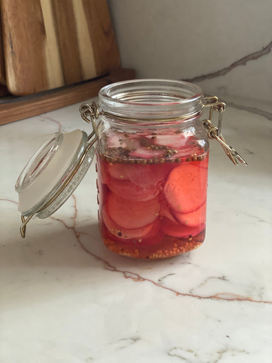 Garden fresh radish slices pickling in jar